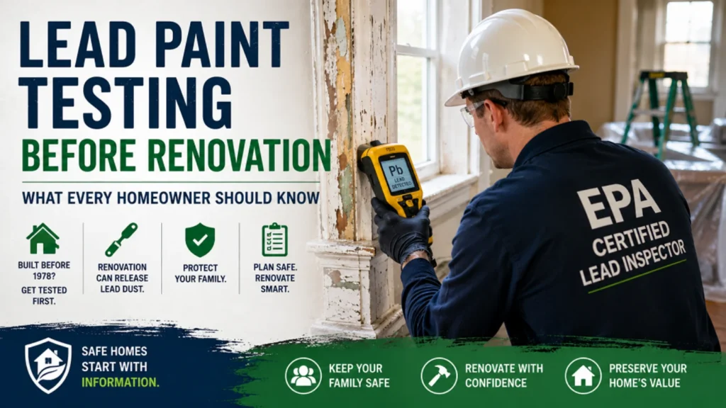 EPA-certified inspector performing lead paint testing in an older New York home before renovation. | Lead paint testing before renovation