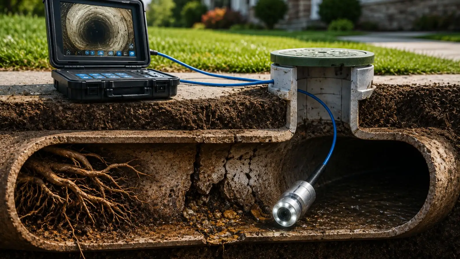 Professional sewer camera inspection showing the inside of an underground sewer pipe